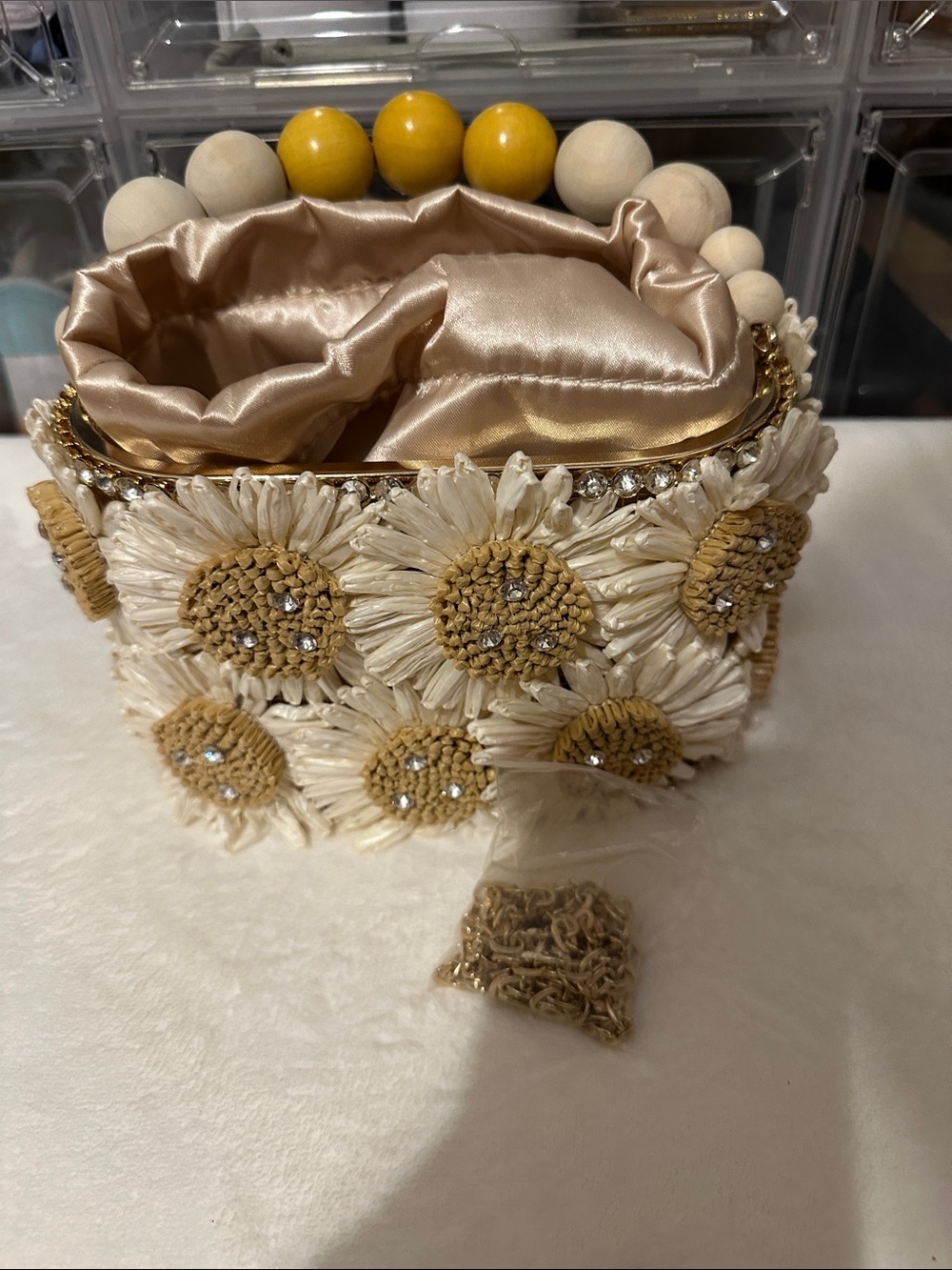 Mini Floral Beaded Drawstring Bag in Cream and Yellow - Picture 14 of 14
